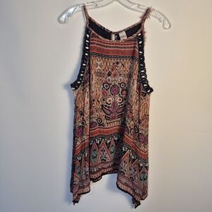 Bila Boho Tunic Tank Top Women's Large Beaded Ethnic Print Asym Hem
